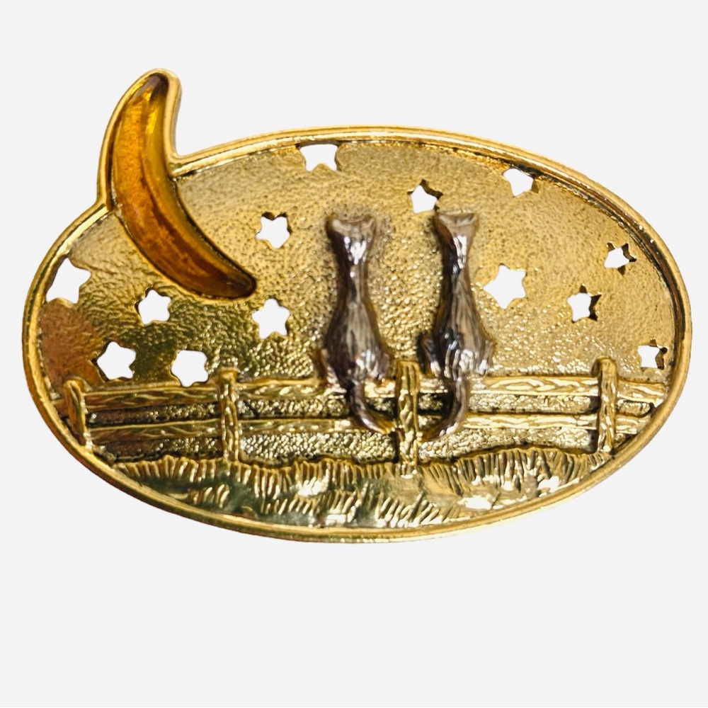 Vintage 1928 Brand Two Tone Cats On Fence Moon Stars Brooch Pin